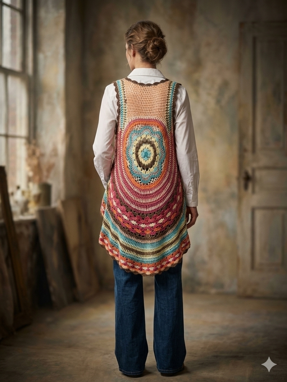 Almost Famous Crochet Open-Weave Vest in Beige and Olive Size L